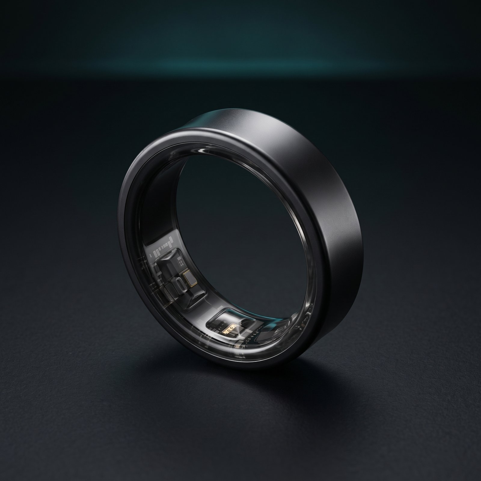 Samsung Galaxy Ring with concave design and titanium finish on dark background