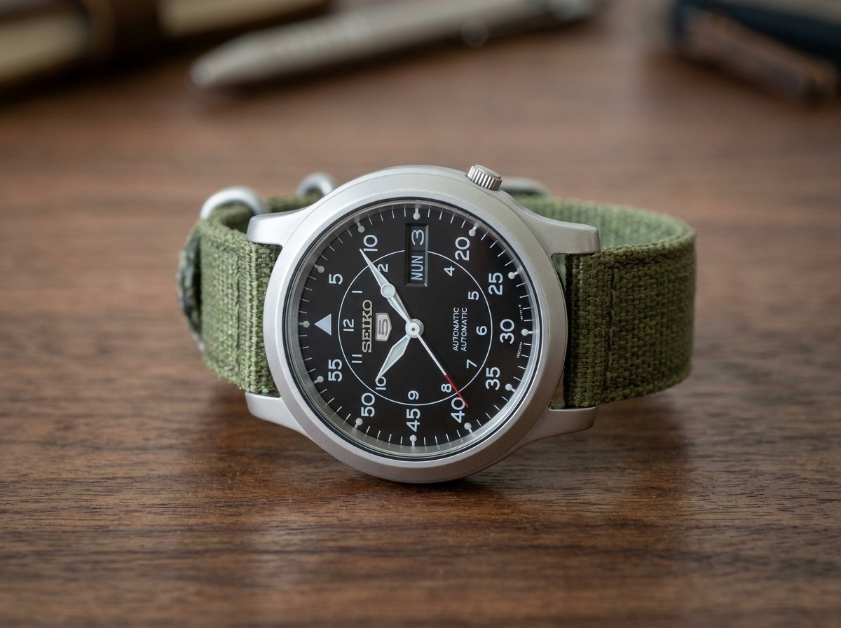 Seiko 5 SNK809 automatic minimalist watch with black dial and green canvas strap on wooden desk