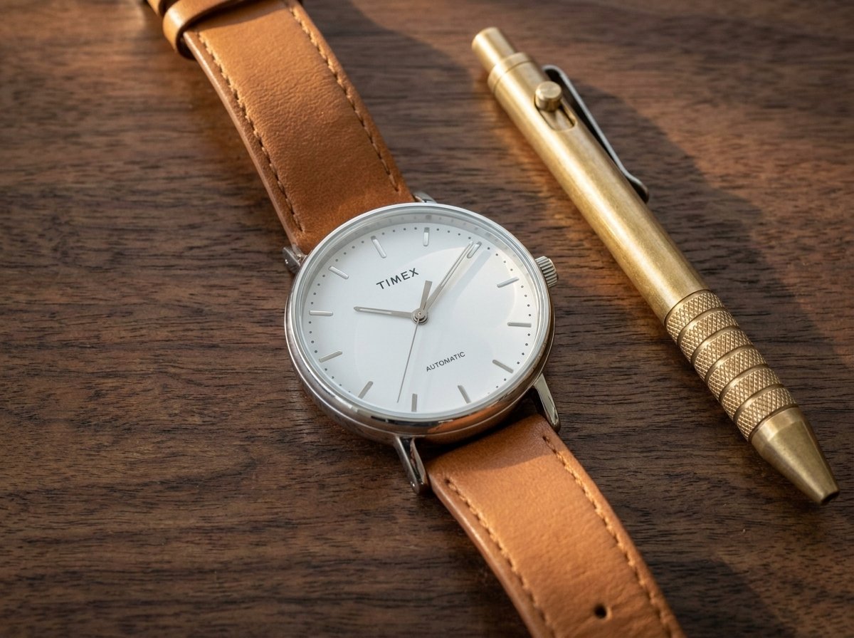 Timex Fairfield minimalist watch with clean white dial and tan leather strap next to EDC gear