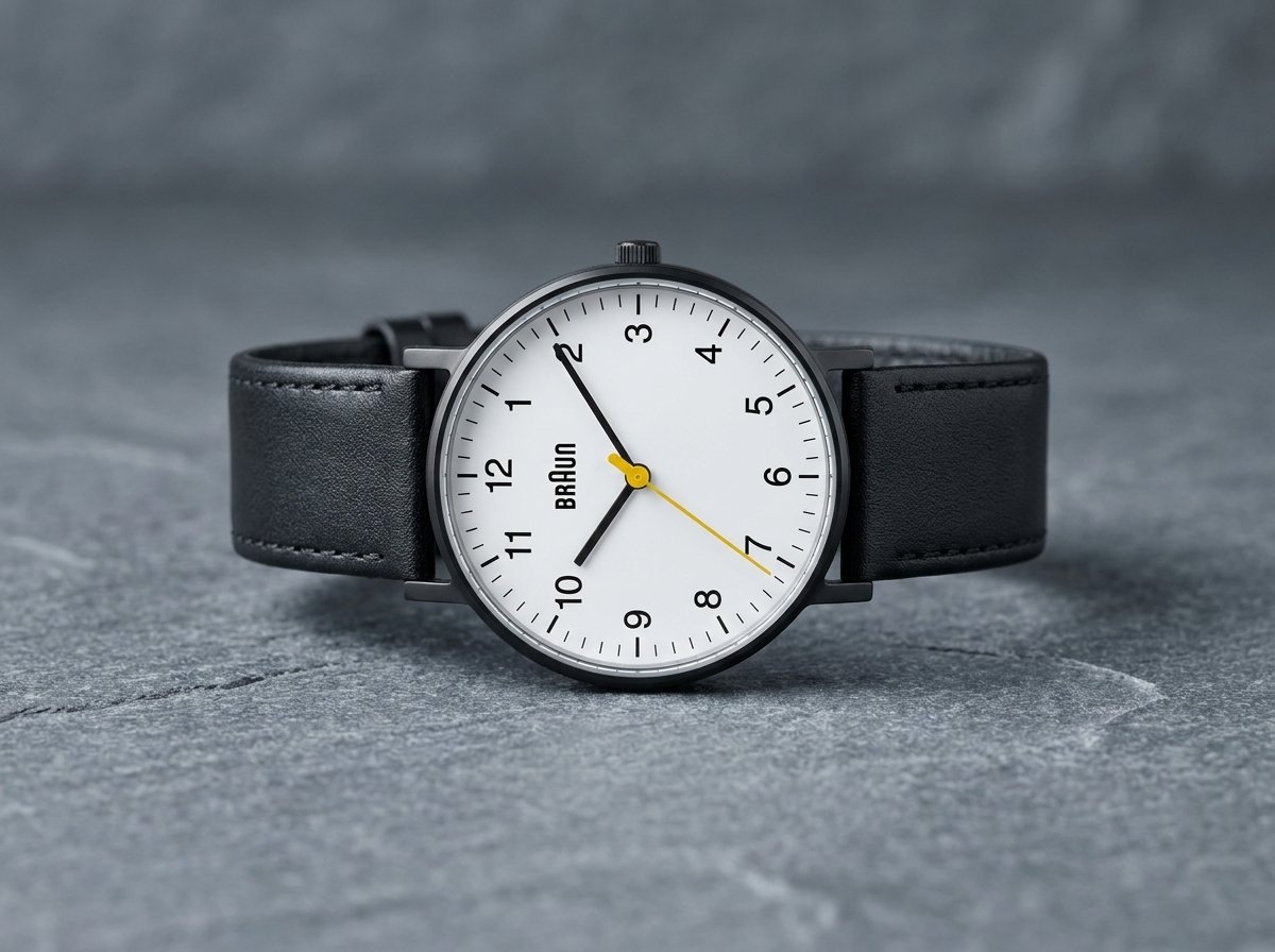 Braun BN0021 Bauhaus design minimalist watch with white face, black numbers, and yellow second hand