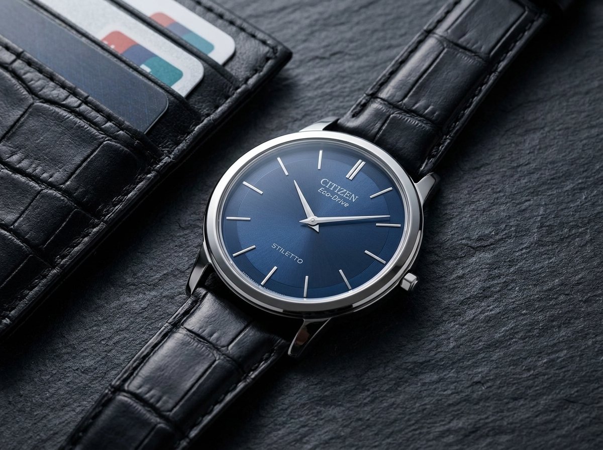 Citizen Eco-Drive Stiletto ultra-thin solar powered minimalist watch with blue dial and black leather band