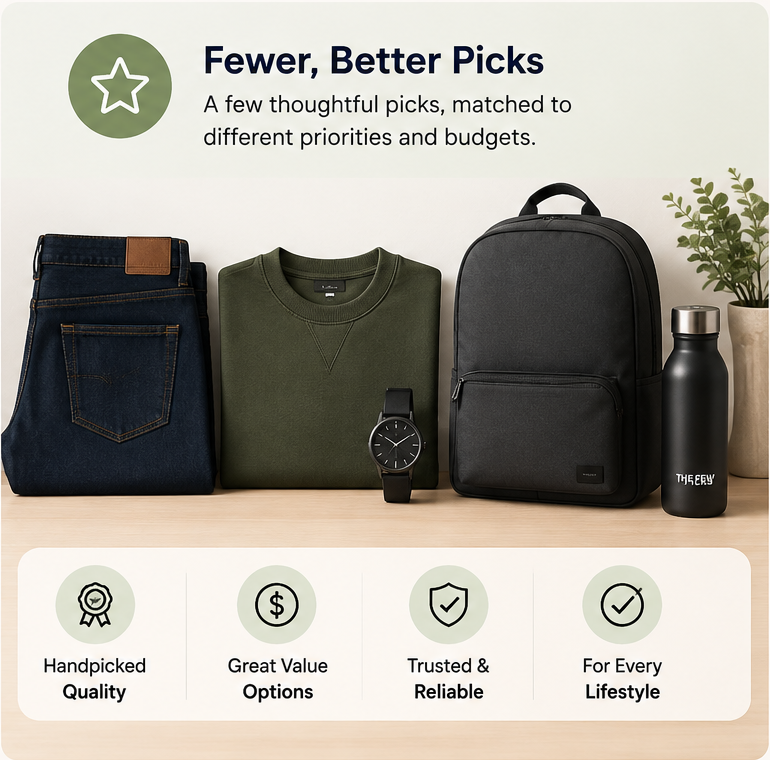 Flat lay of everyday essentials including folded denim jeans, olive green sweatshirt, black watch, backpack, and water bottle