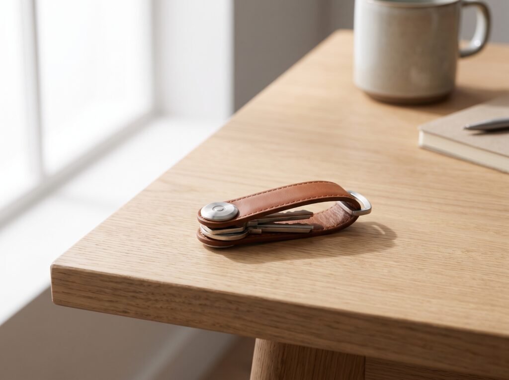 Orbitkey leather key organizer on a minimalist desk setup