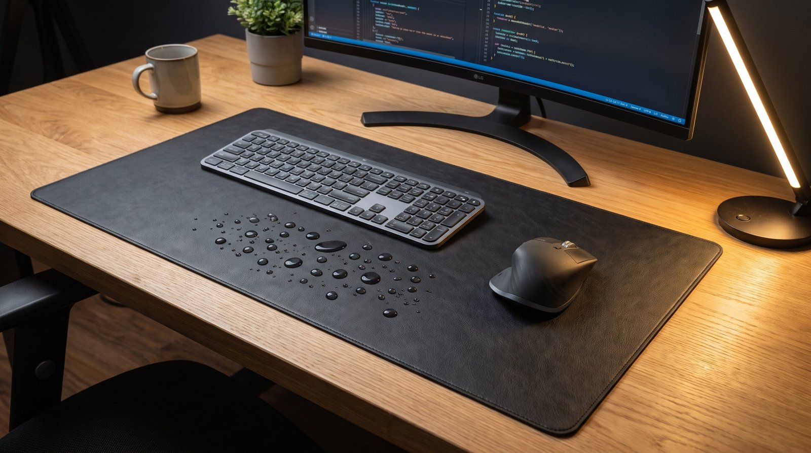 Aothia leather desk mat with water droplets on the surface