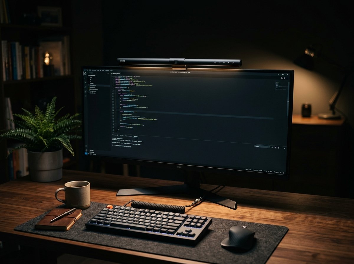BenQ ScreenBar Pro asymmetric monitor light bar with motion sensor mounted on computer screen