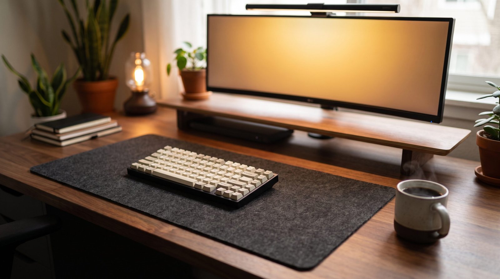 Minimalist wool felt desk pad with custom mechanical keyboard