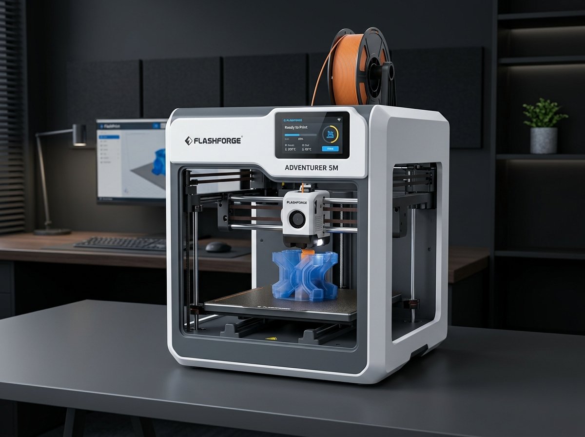 Flashforge Adventurer 5M high-speed Core-XY 3D printer with color touchscreen on a modern workspace