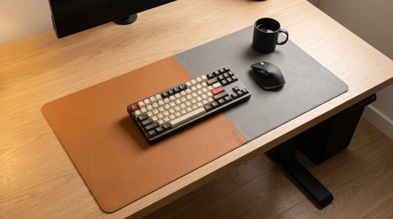 Wide view of complete clean desk setup with 80 by 40 cm desk pad