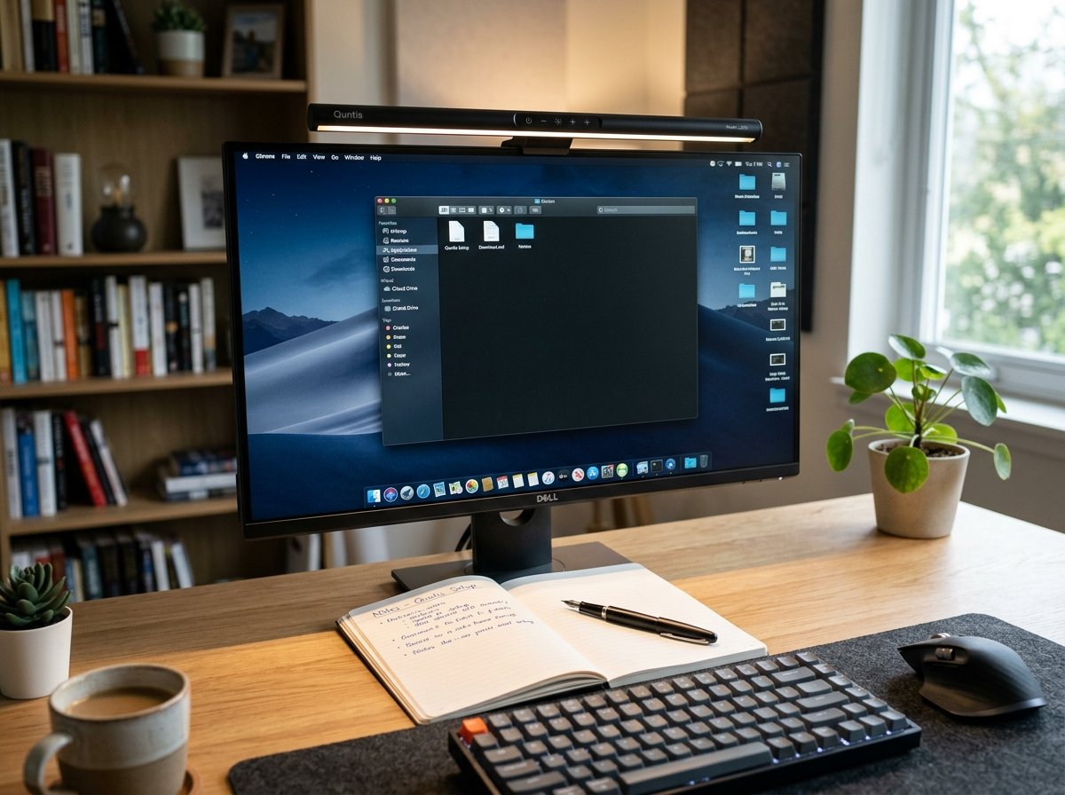 Quntis ScreenLinear Pro auto-dimming computer monitor light bar clipped on desktop display