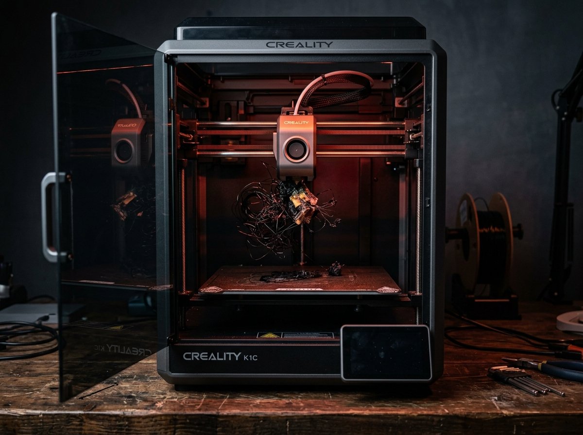 Creality K1C enclosed 3D printer showing extruder clog and tangled filament inside the chamber
