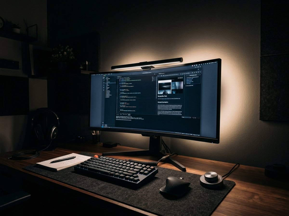 BenQ ScreenBar Halo with front asymmetric lighting and rear ambient backlight on curved monitor