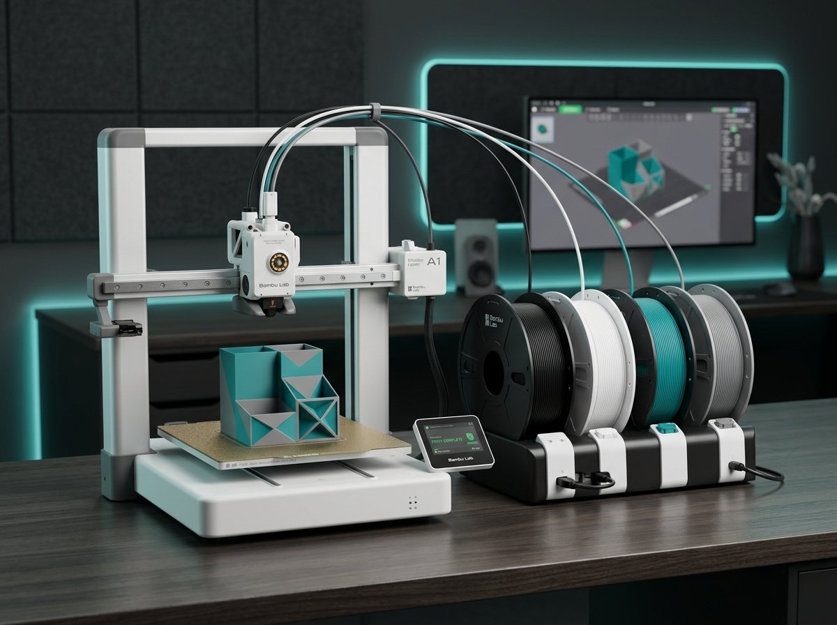 Bambu Lab A1 3D printer with 4-spool AMS Lite multi-color filament system on a clean desk setup