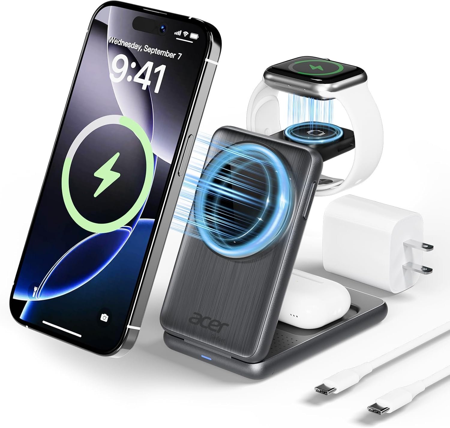 3-in-1 MagSafe wireless charging stand powering iPhone and accessories