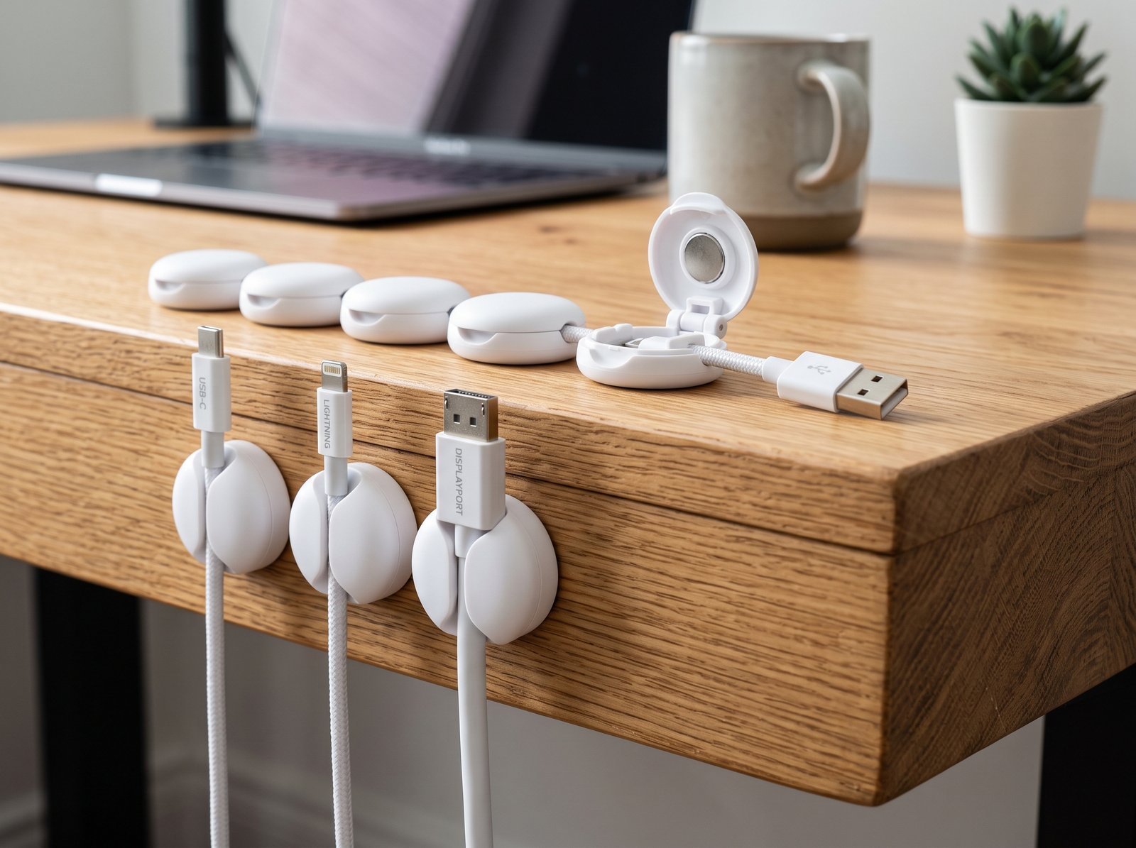 Aeebliay white round magnetic cable organizer clips holding charging cables on desk edge