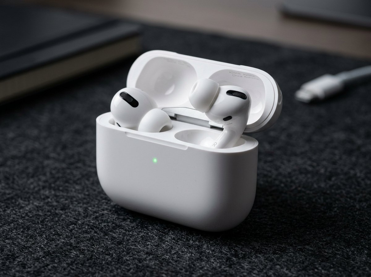 Apple AirPods Pro 3 wireless earbuds in charging case on desk pad