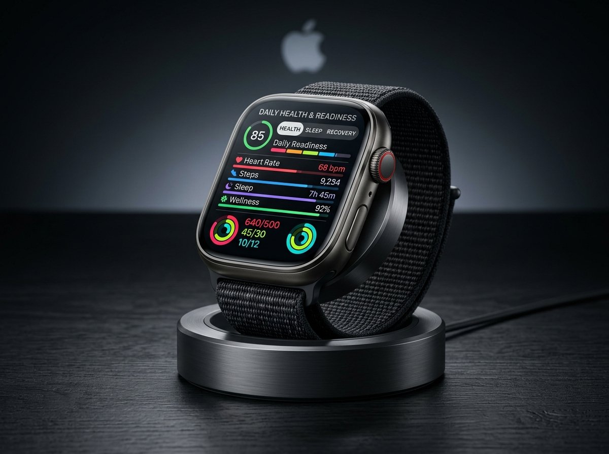Apple Watch Series 11 smartwatch displaying health metrics on magnetic charging stand
