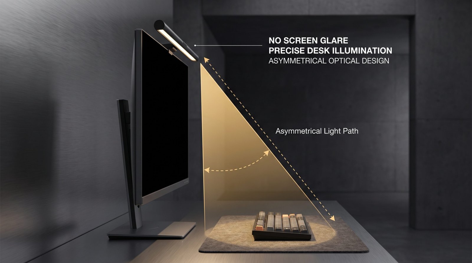 Asymmetrical optical design diagram showing how a monitor light bar directs light toward the desk