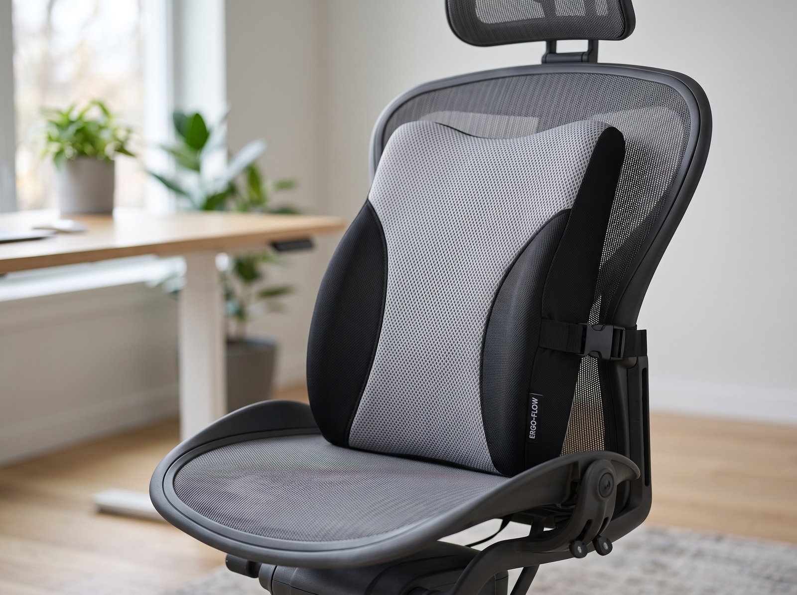 ComfiLife ergonomic memory foam lumbar support pillow strapped to an office chair