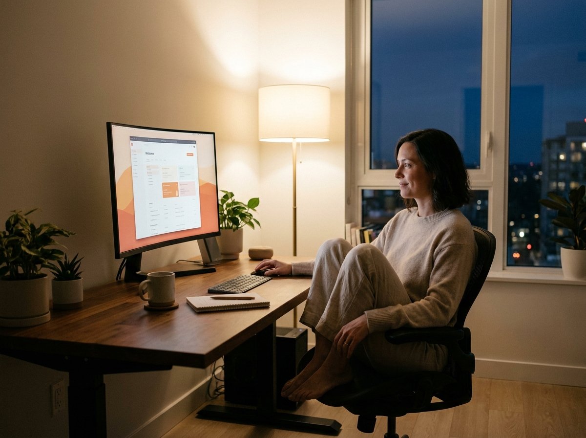 Comfortable ergonomic desk screen setup for reducing computer eye strain