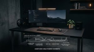 Minimalist home office desk setup checklist with ergonomic layout and clean cable management