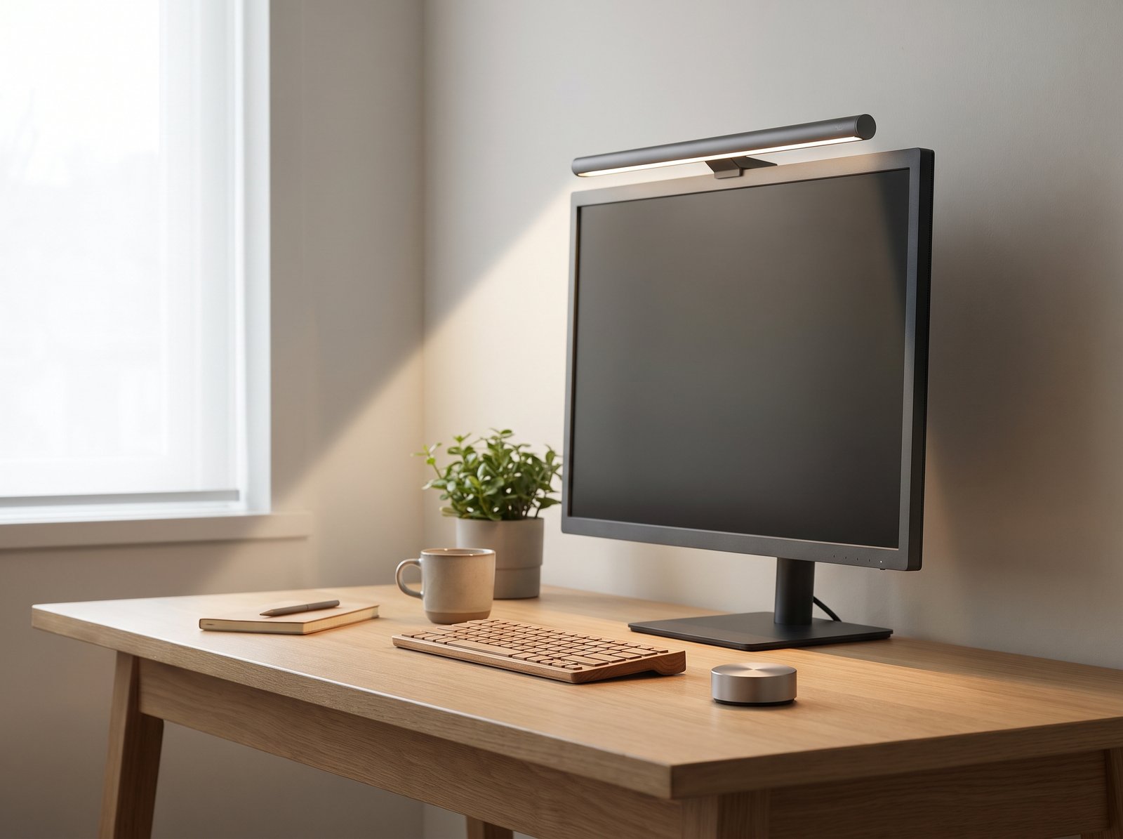 Xiaomi Mi Computer Monitor Light Bar mounted on a minimalist desk monitor