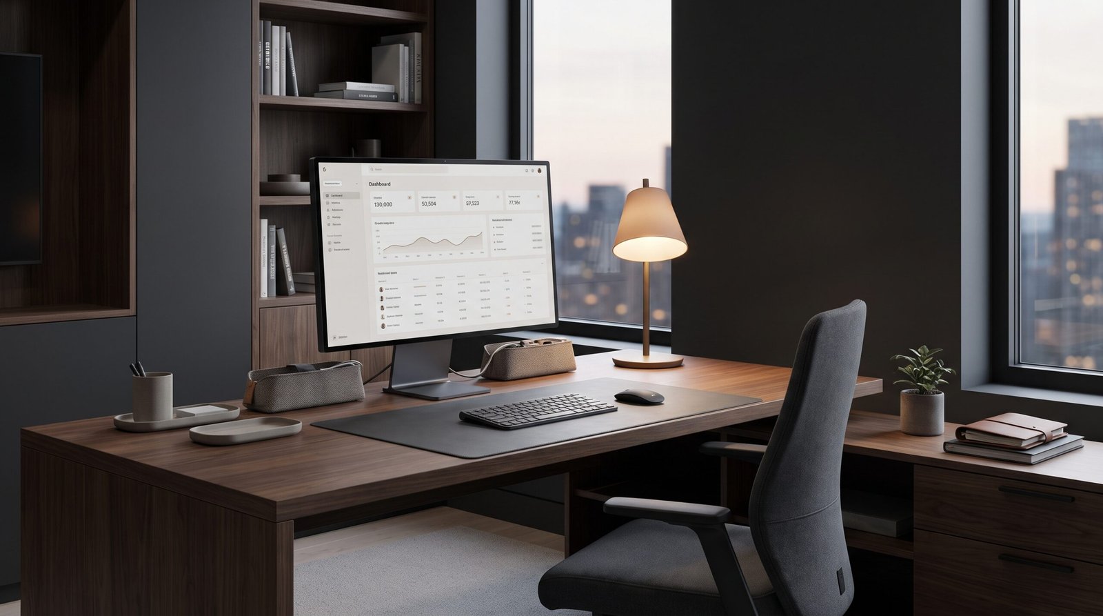 Home office setup with desk, monitor, chair, lighting, and workspace accessories