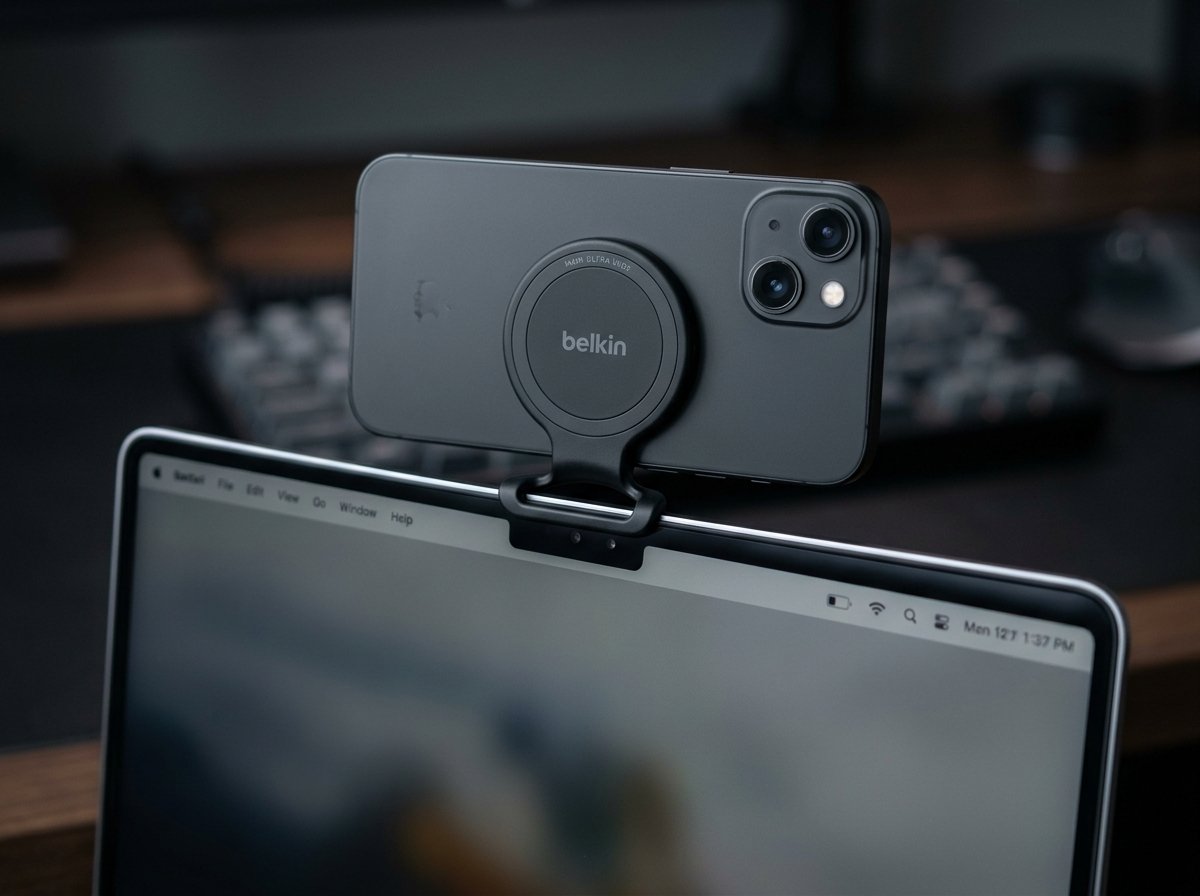 Belkin MagSafe iPhone Mount attached to MacBook screen