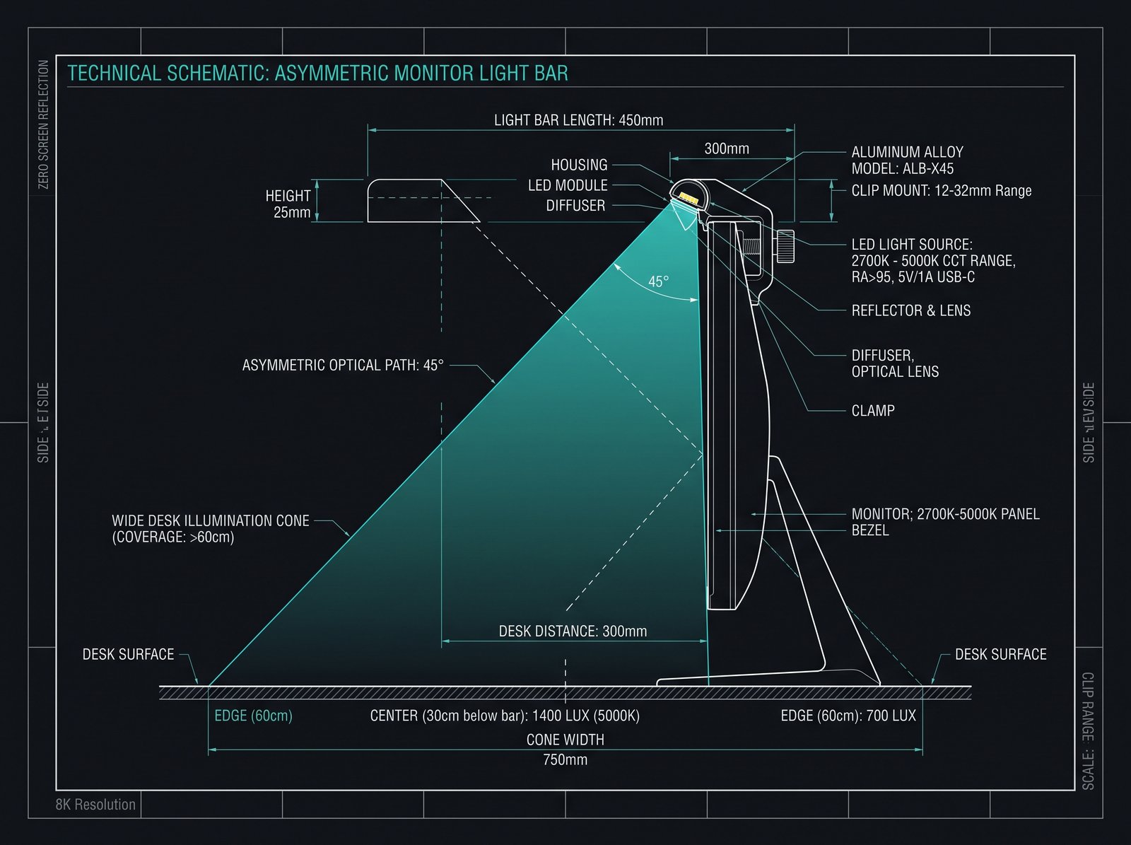 Technical blueprint of monitor light bar asymmetric beam path directed toward the desk without unnecessary screen glare