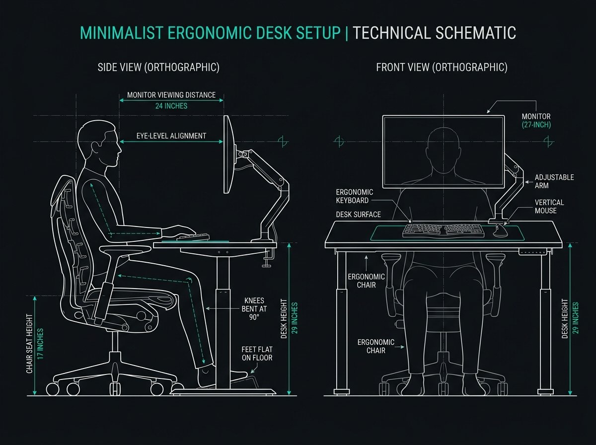 Minimalist desk setup guide showing ergonomic clearance dimensions and screen eye level