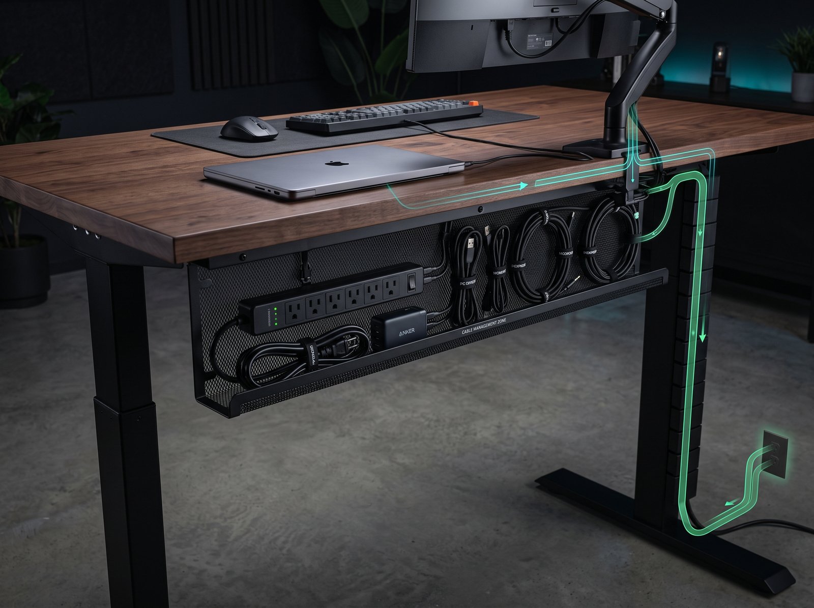 Under desk cable management routing diagram with power strip and raceway tray layout