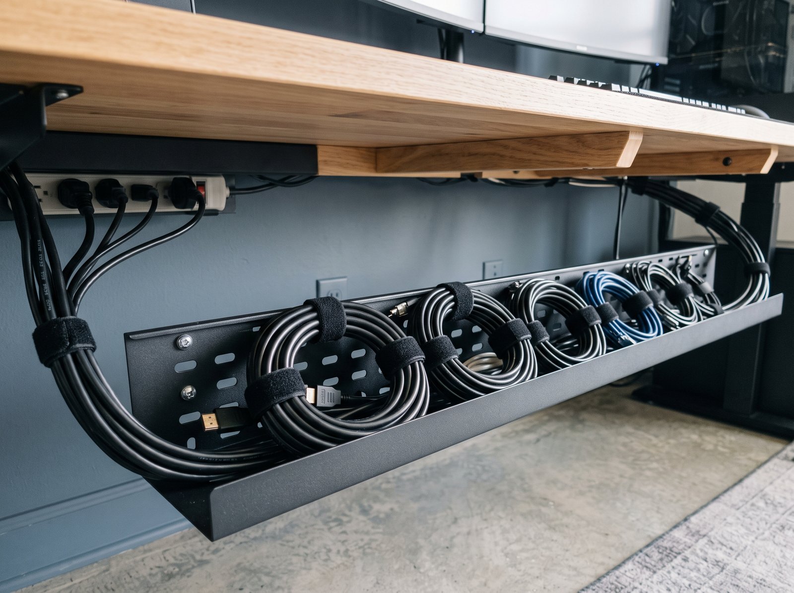Coiled cables organized with reusable hook and loop velcro ties inside under desk tray