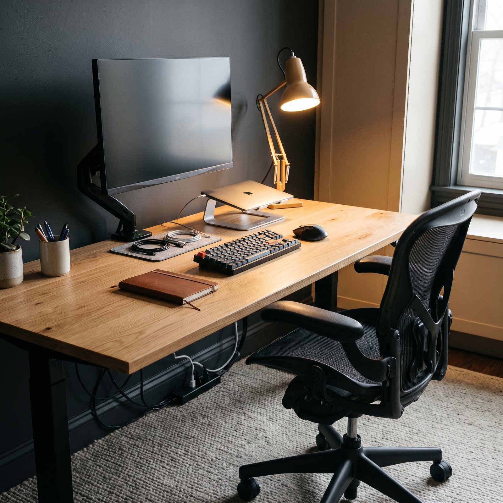 home office setup checklist with desk monitor chair keyboard mouse and lamp