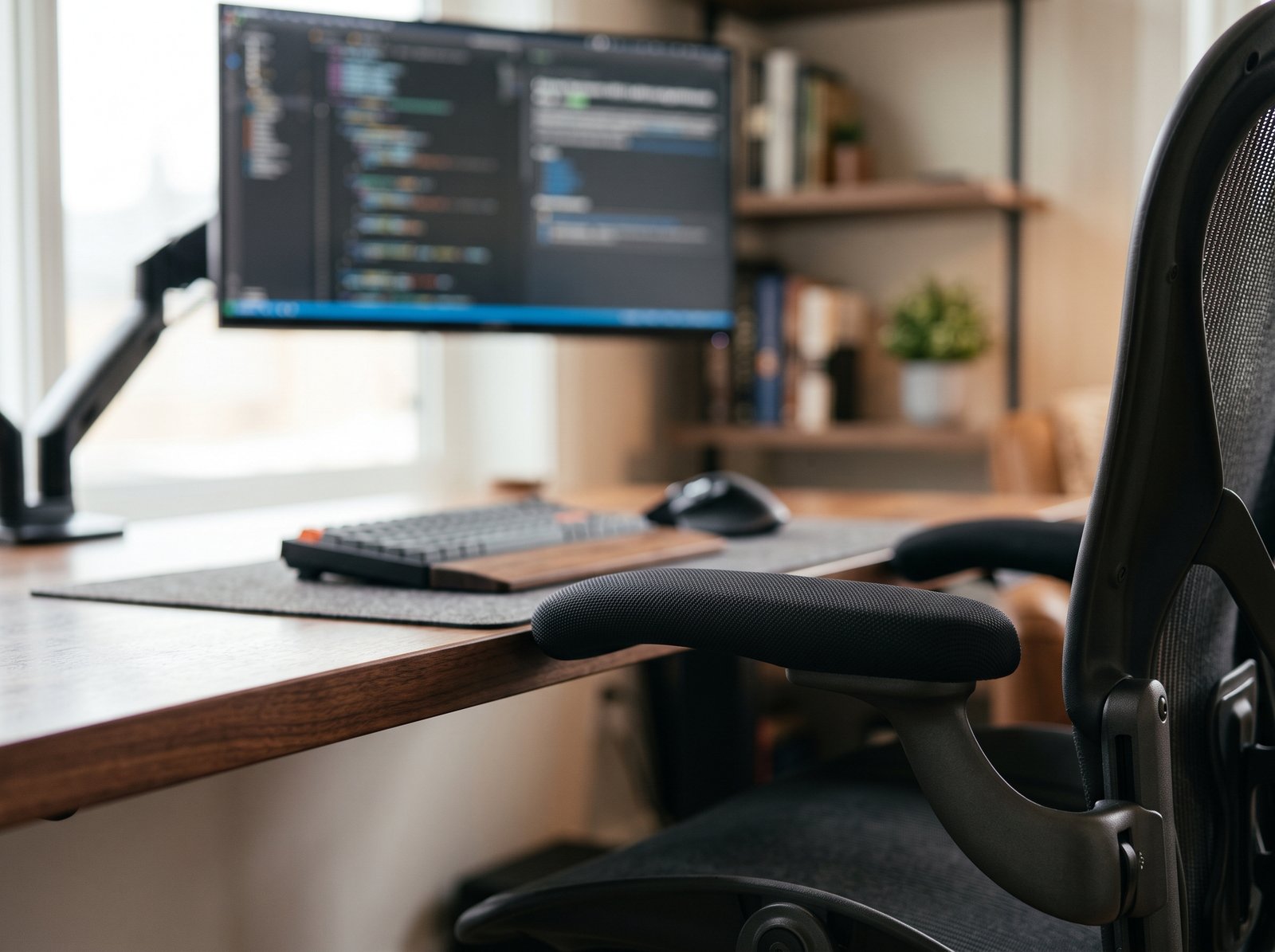 Minimalist desk setup checklist - proper ergonomic setup with monitor at eye level