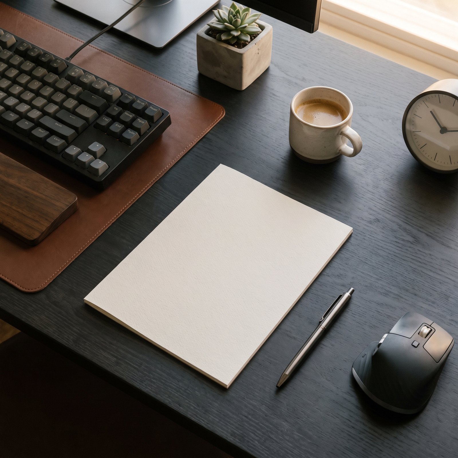 home office setup checklist desk essentials including keyboard mouse desk mat and notebook