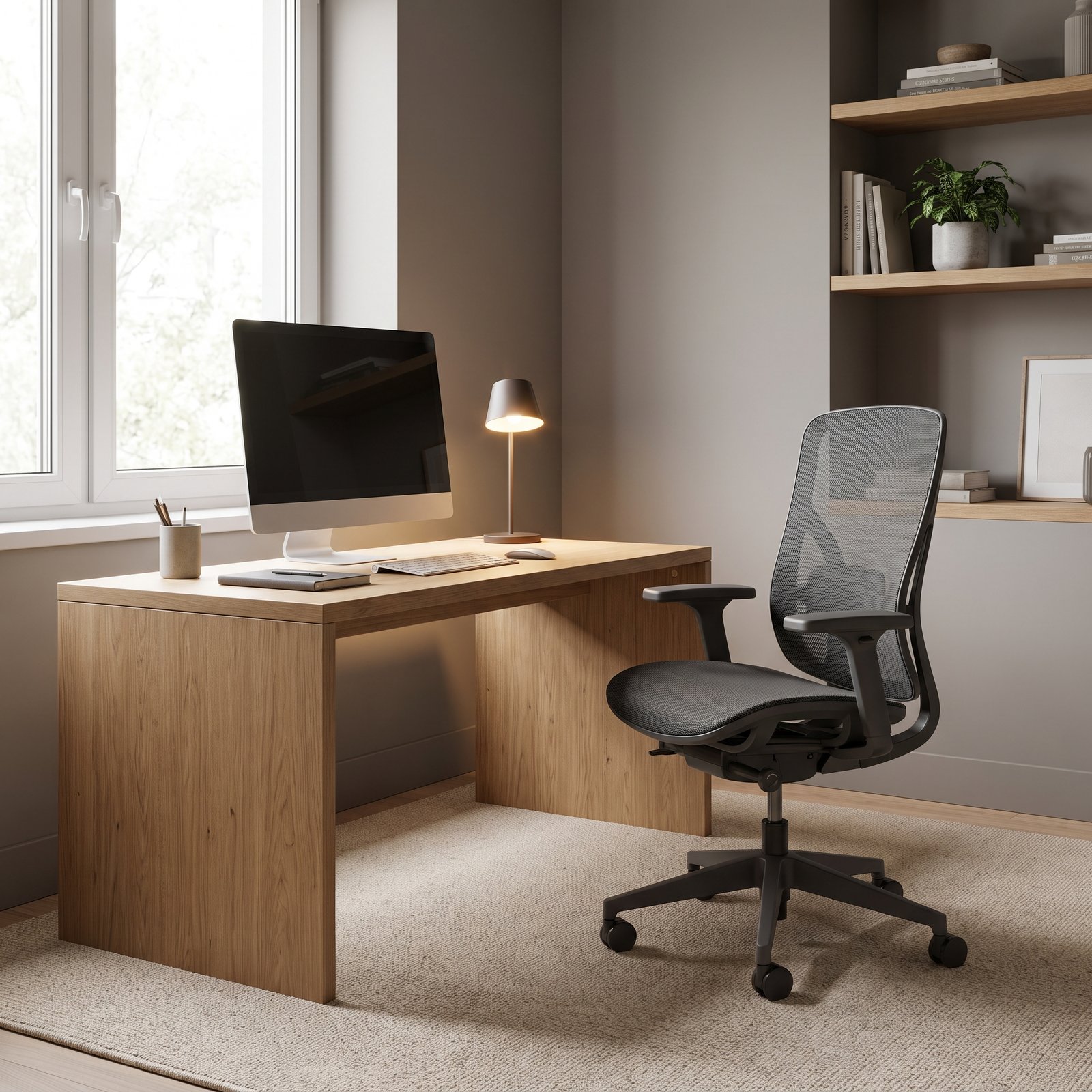 ergonomic office chair with monitor and desk in a home office