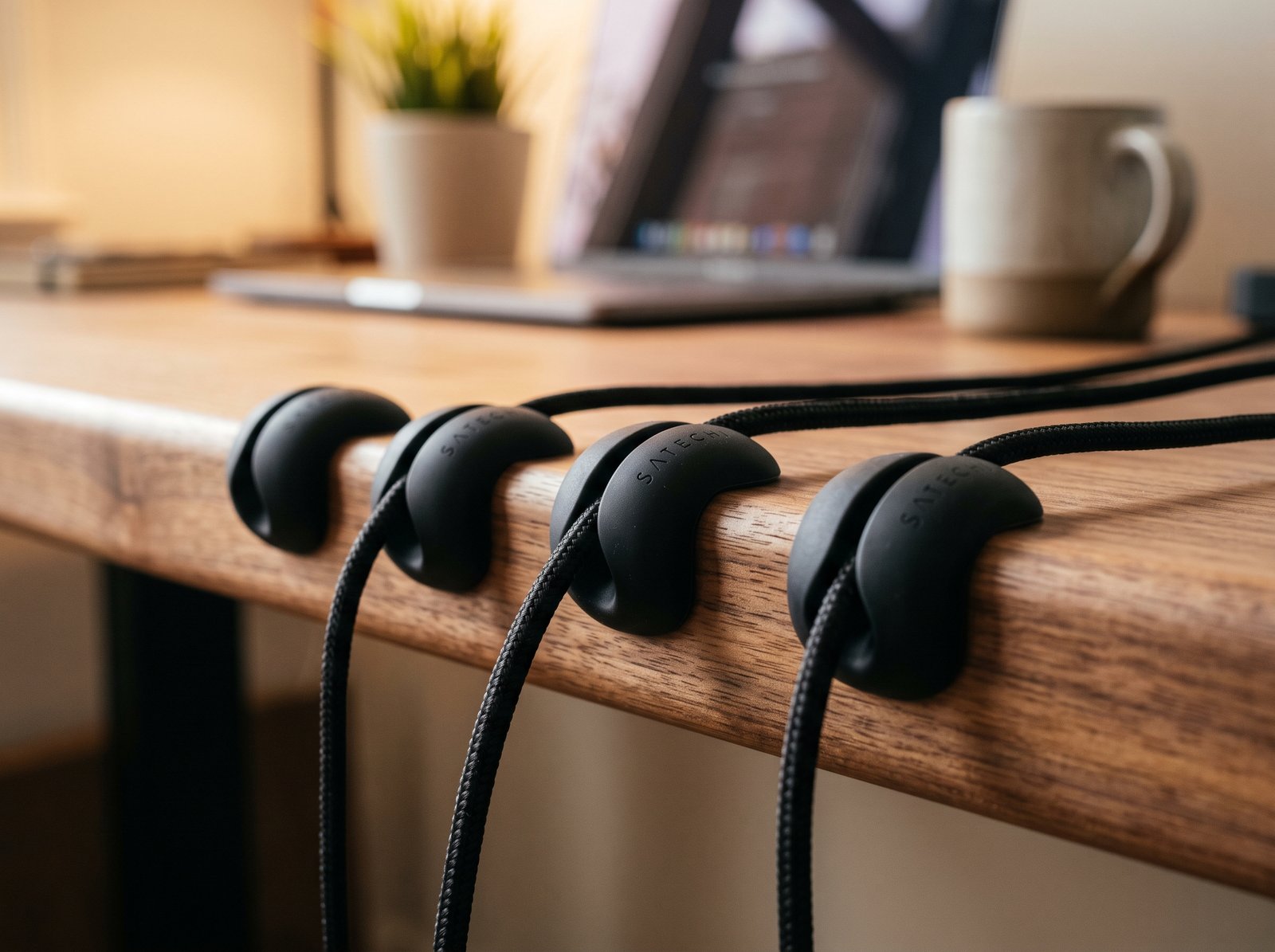 Silicone magnetic cable holder clips routing USB-C charger cords on a desk edge