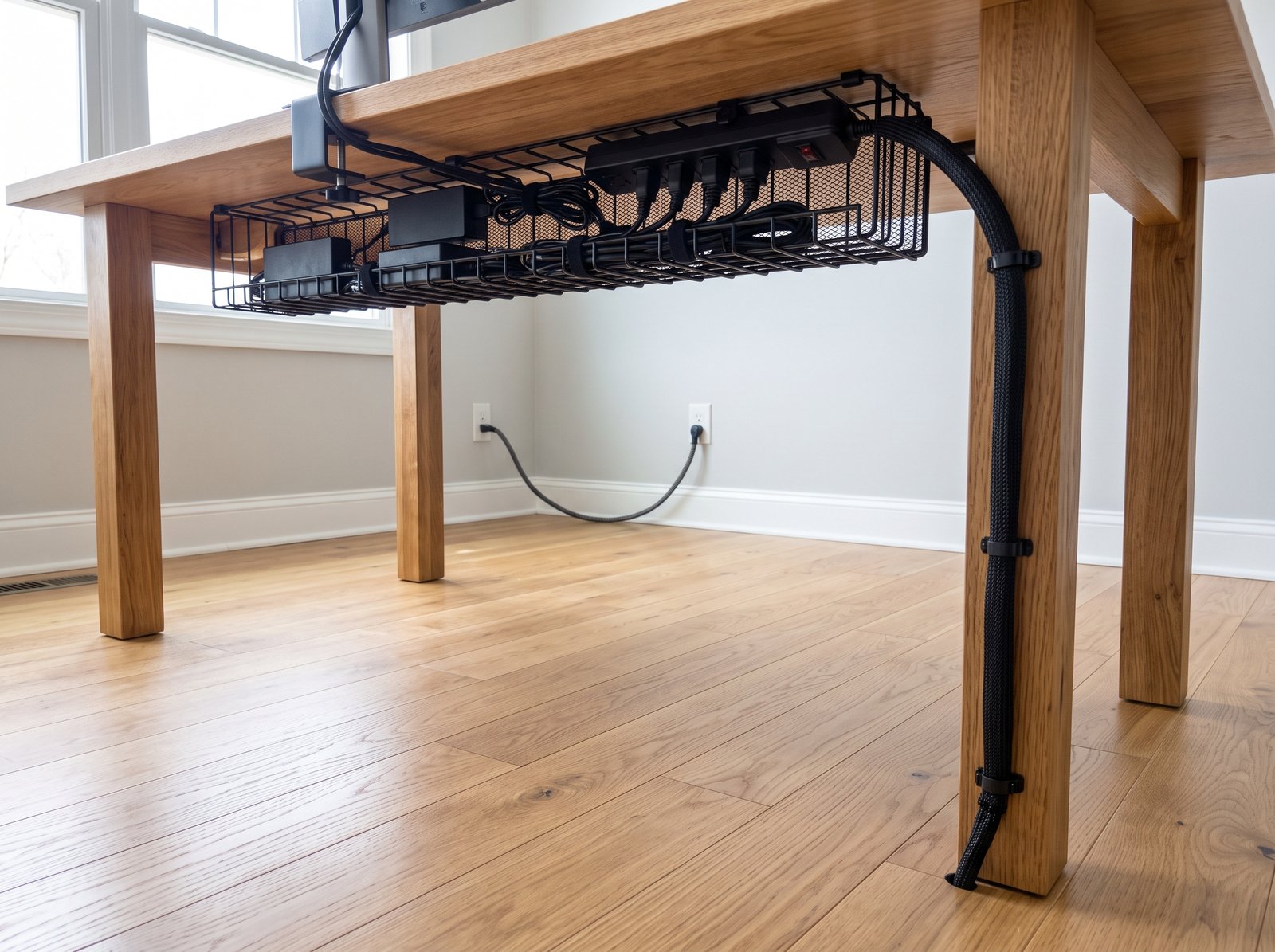 Under-desk cable management tray holding power strip and tidy braided cable sleeve with clear legroom