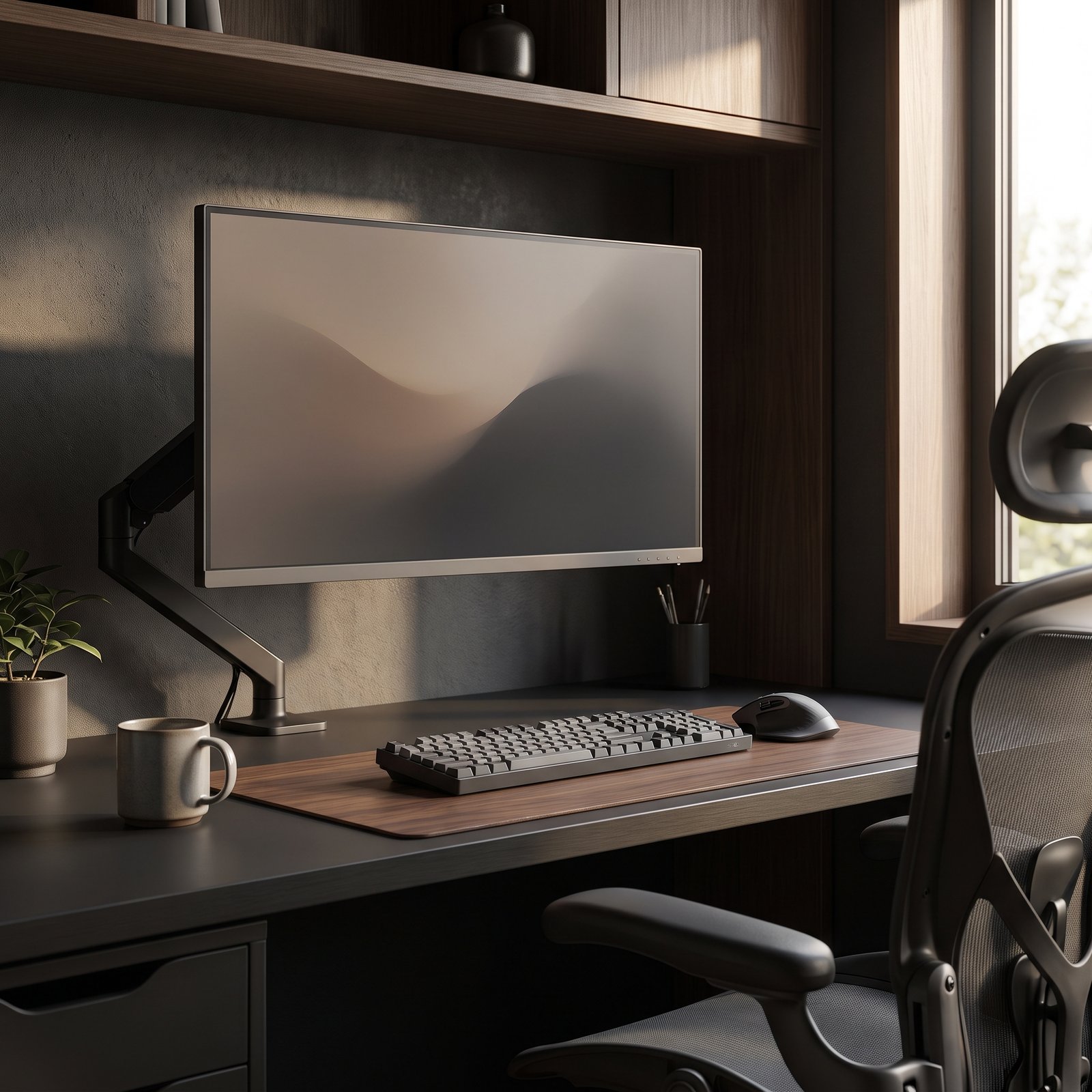 home office monitor setup with monitor arm keyboard and mouse