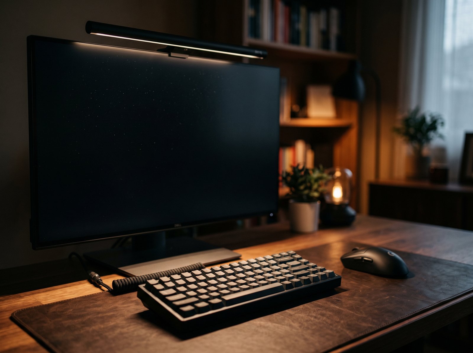 Asymmetrical screenbar monitor light illuminating leather desk mat and keyboard without screen glare