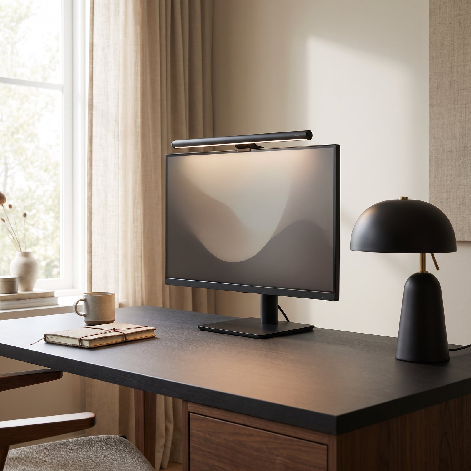 monitor light bar and desk lamp in a modern home office