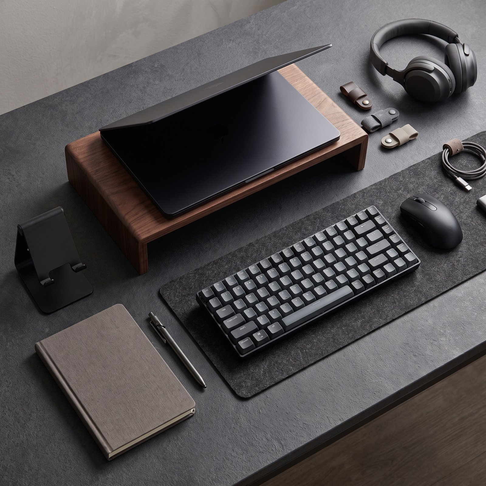 keyboard mouse laptop stand desk mat and headphones home office setup