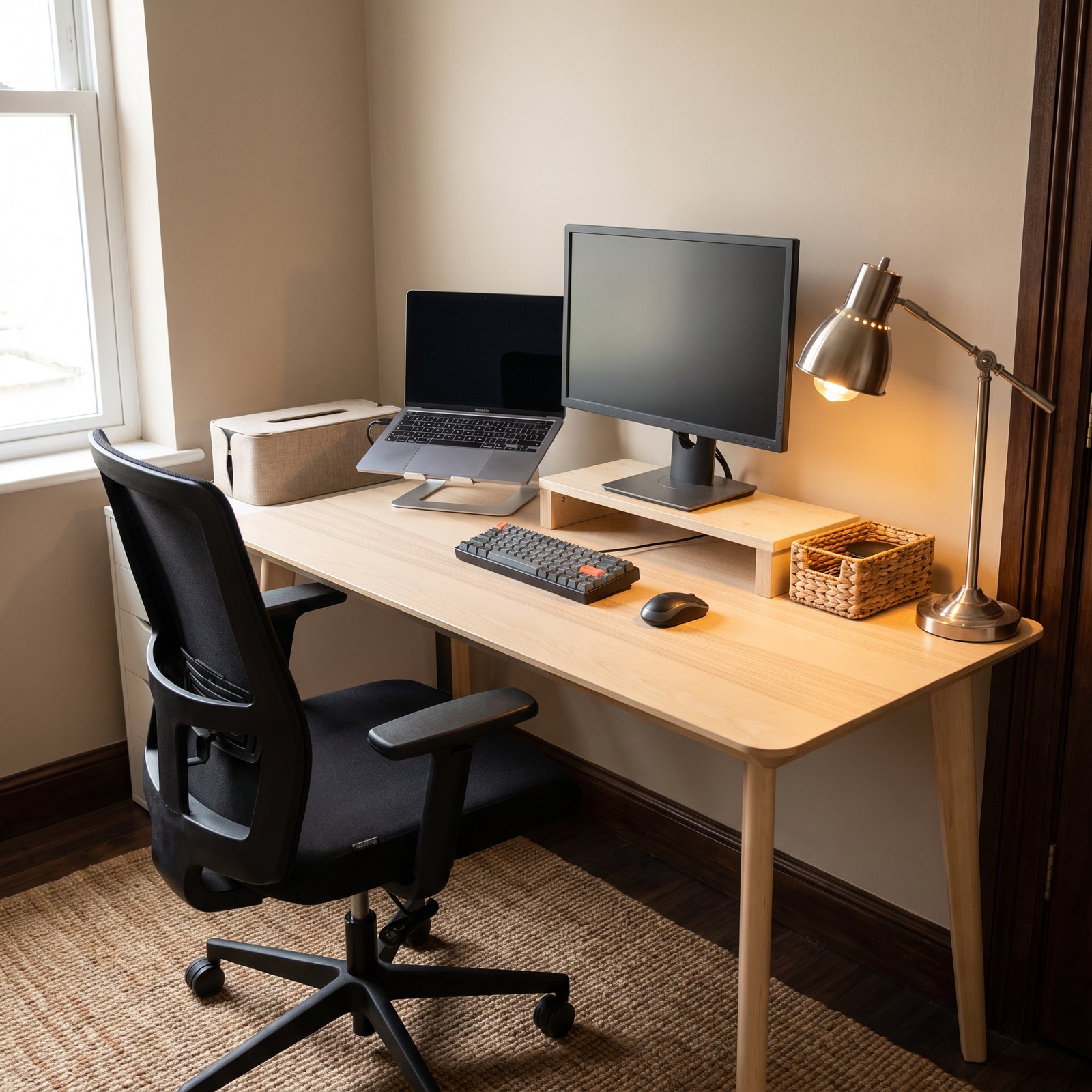 laptop external monitor chair lamp and organized home office setup