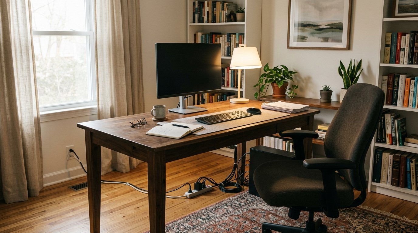 Organized home office upgrades with practical monitor position, lighting and cable routing