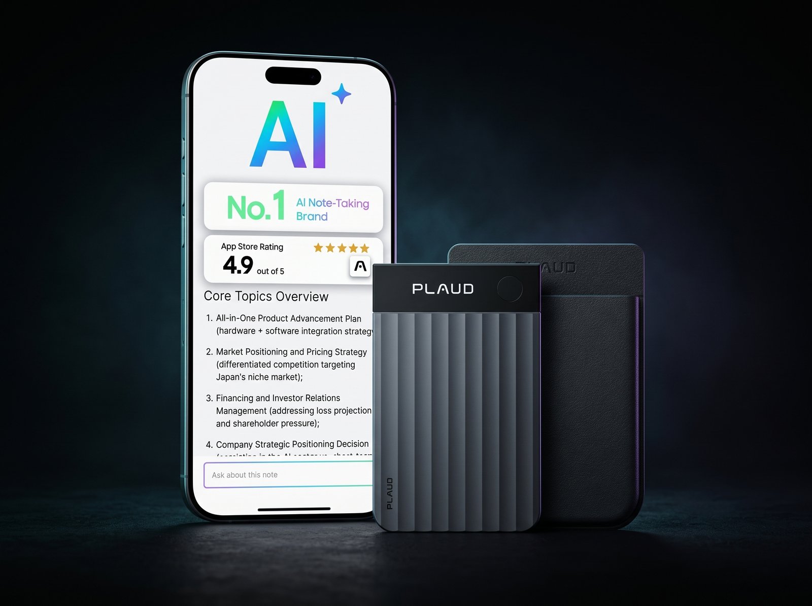 PLAUD Note Pro AI voice recorder against a black background with subtle neon lighting