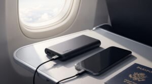 Black power bank beside a smartphone and passport on an airplane tray table