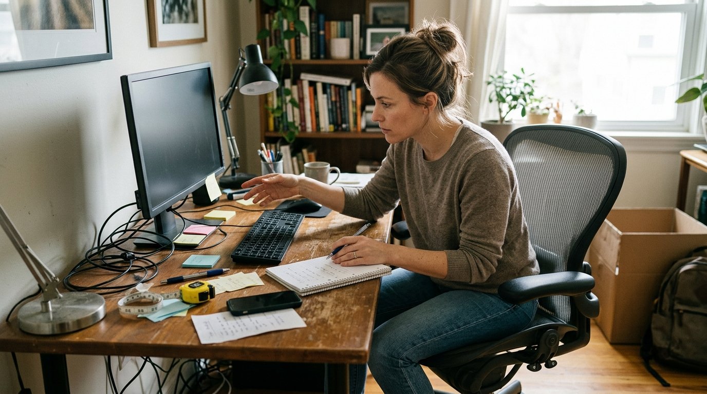 Home office upgrades audit assessing monitor position and desk setup layout